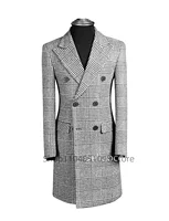 Formal Houndstooth Winter Men Coat Double Breasted Tweed Woolen Overcoat Slim Fit Groom Blazer Hombre Suits Tuxedo Long Coat