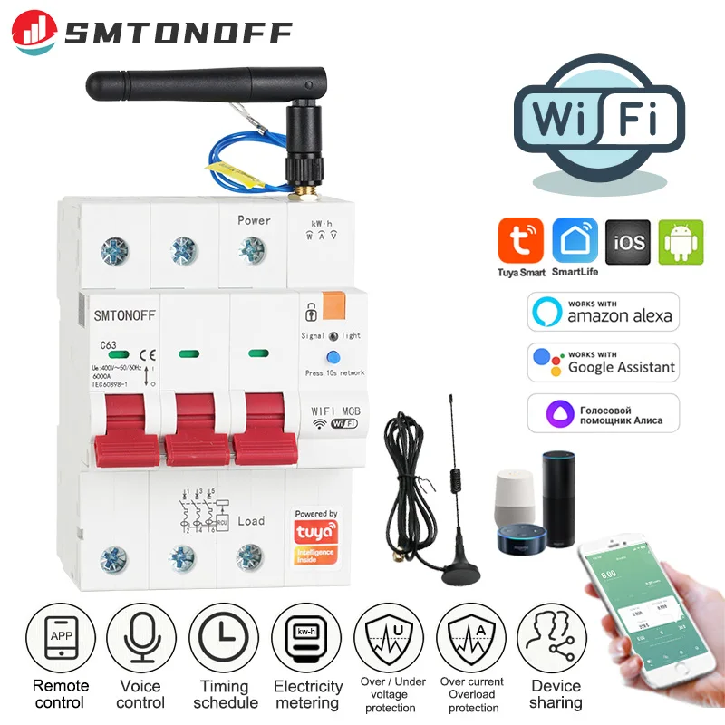 Tuya Smart Wifi Rs485 3P 63A Interruttore Mcb Contatore Prepagato Interruttore Timer Tensione Protezione Corrente Controllo Vocale Alexa Google Alice