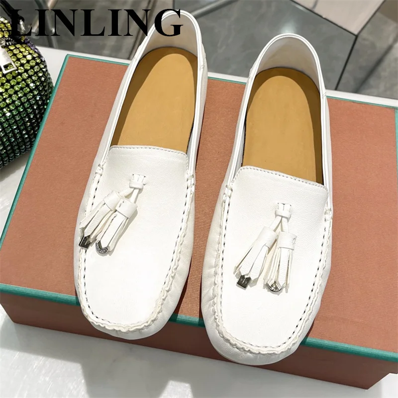 

2023 Spring Suede Leather Women Casual Shoes Metal Fringe Tassel Flat Shoes Design Round Toe Loafers Shallow Slip-on Lazy Shoes