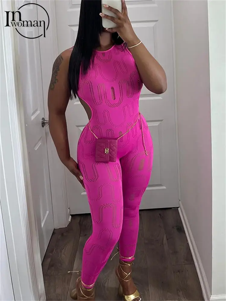 

Inwoman Summer Black Backless Jumpsuit Casual Club Outfits For Women RoseRed Off Shoulder Sleeveless Jumpsuit Stretchy Tracksuit