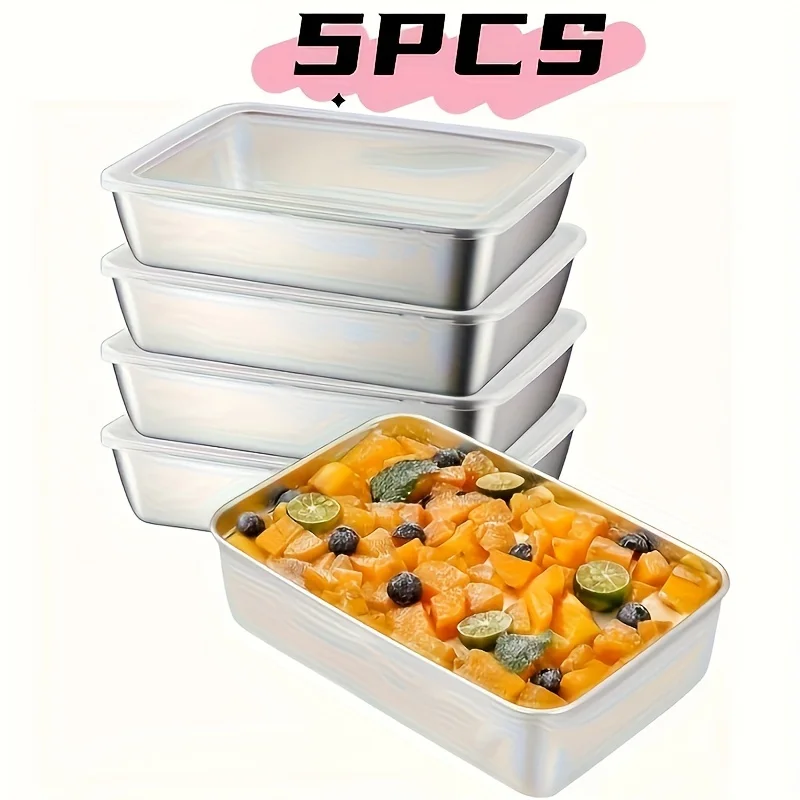 5 Stainless Steel Food Storage Containers Set Transparent Lids Stackable For Meat/Fruits/Veggies In Camping