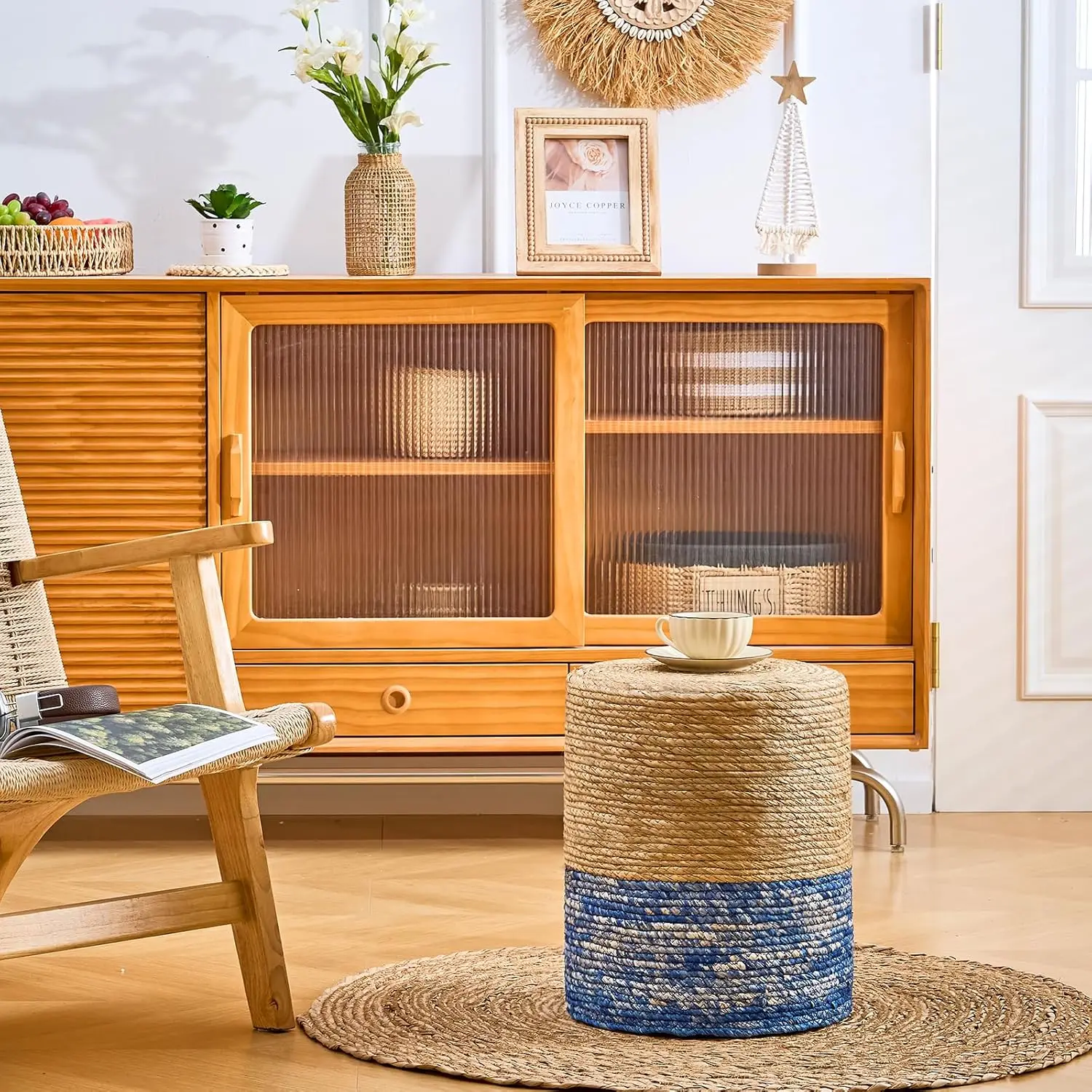 Natural Seagrass Foot Stool, Hand Weaving Round Ottoman, for Living Room, Outdoor Seat (Natural & Blue)