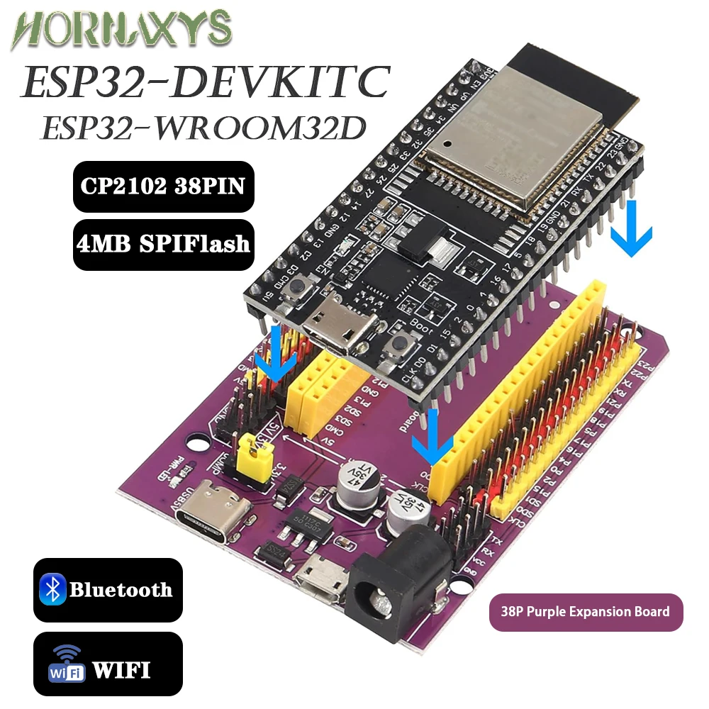 ESP32 Entwicklungsboard mit GPIO-Erweiterungsboard-Kit ESP32-32D BT WLAN-Modul 38PIN CP2102 ESP32-DevKitC USB Typ-C