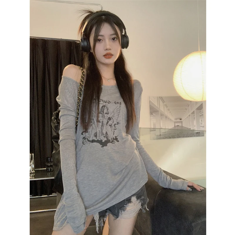 

Deeptown Women T-shirts Grunge Y2k Fairycore Oversized Vintage Korean Aesthetic Long Sleeve Tees Off Shoulder Tops Streetwear