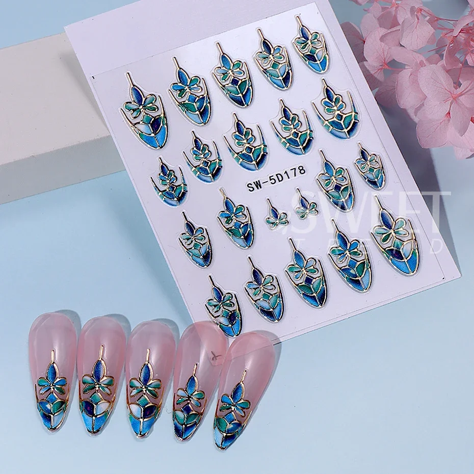 5D Embossed Green Geometry Lealves Nail Stickers French Gold Line  Self-adhesive Nail Art Supplies Decals Manicure Decoration