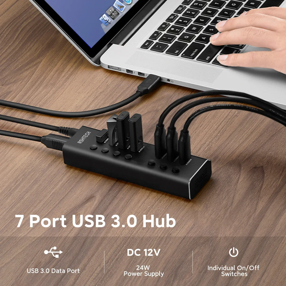RSHTECH USB Hub 5Gbps 7 Ports USB3.0 Data Hub Splitter 12V/2A Power Adapter Individual On/Off Switches USB Port Expander 2