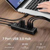 RSHTECH USB Hub 5Gbps 7 Ports USB3.0 Data Hub Splitter 12V/2A Power Adapter Individual On/Off Switches USB Port Expander 2