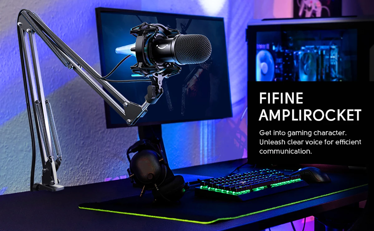 FIFINE USB Dynamic Microphone Kit with Boom Arm,RGB Shock Mount,Cardioid Mic Set for Game Podcast Stream for PC PS4 PS5-K651 mic stand