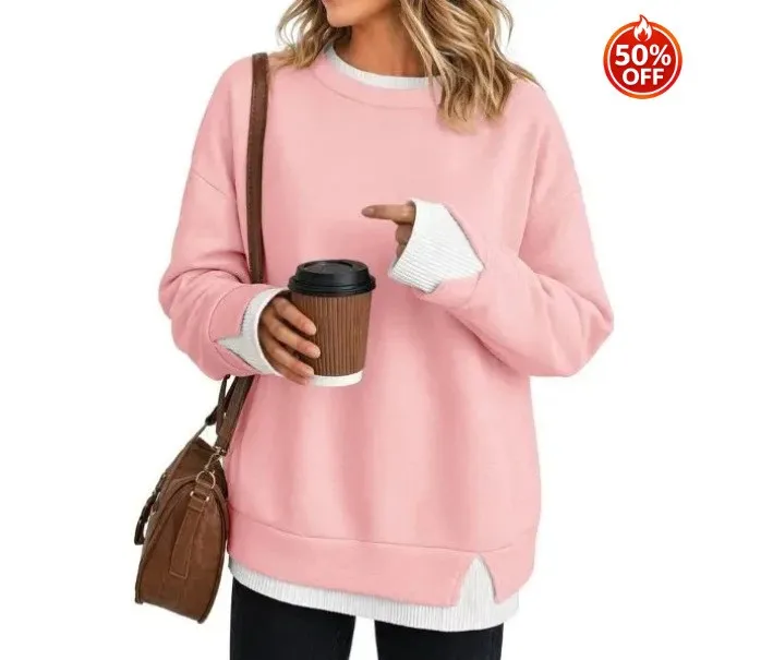 Casual Long Sleeve Top Mid Length with Regular Sleeve American and European Style Patchwork Autumn Round Neck Women Hoodie