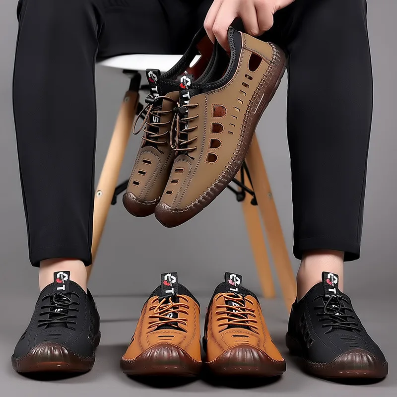 Men's Sandals Summer Casual Hollow Breathable Flat Business Soft Sole Sports Shoes