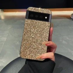 Glamorous Rhinestone Glitter Leather Phone Case with Shiny Shell Finish - Google Pixel 8 Pro (Deep Gold)