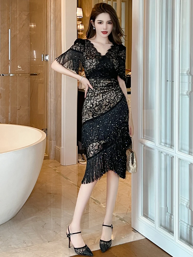 

Black lace dress for women's summer 2024 haute couture sexy tassel slim fit buttocks skirt