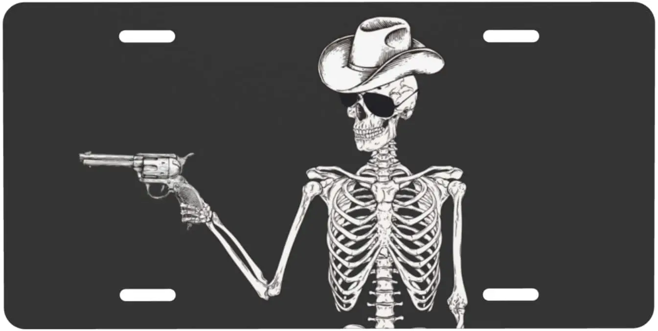 

Gothic Skull Western Cowboy License Plate Covers Decorative Car Front License Plate Vanity Tag Aluminum Car Plate for Women Men