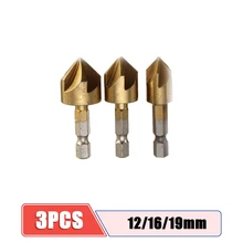  3/6pcs Countersink Drill Bit Set 1/4'' Hex Shank HSS 5 Flute Countersink 90 Degree Wood Chamfering Cutter Chamfer 6mm-19mm 