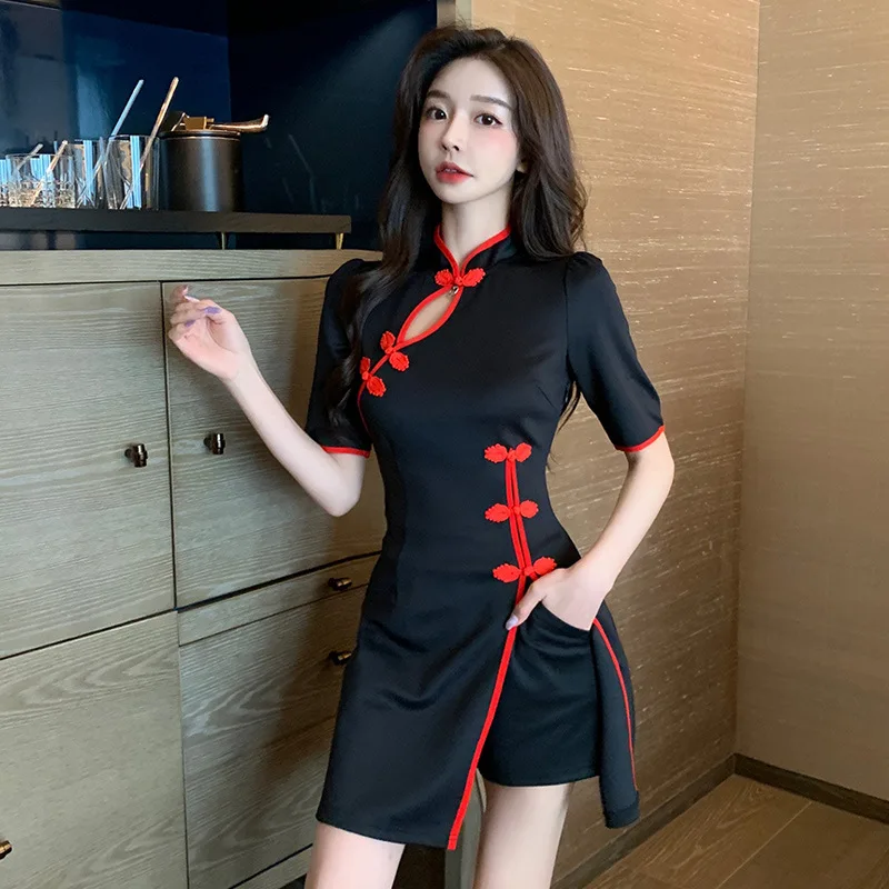 

Vintage Patchwork Elegant Young Women Qipao Summer Short Sleeve Chinese Slim Improved Cheongsam Ladies Casual Retro Dress