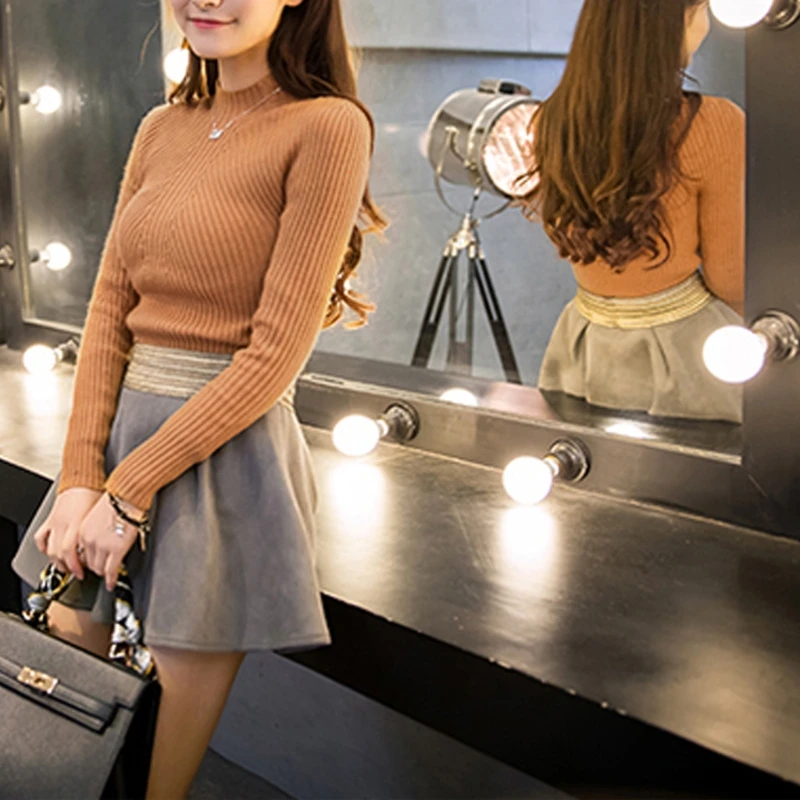 

E15E Women Autunm Long Sleeve Solid Color High Collar Elastic Knit Sweater Pullover