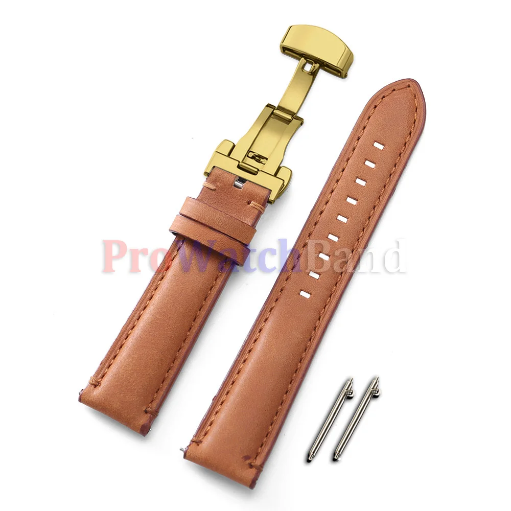Handcrafted Vintage Brown Leather Watch Strap with Gold Butterfly Buckle
