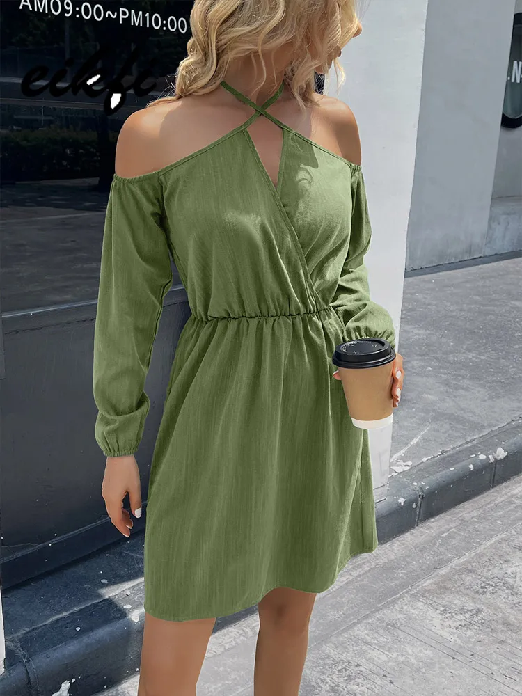 

EIKFI женское платье с лямкой на шее, весна-лето 2023, новое офисное женское Повседневное платье с открытыми плечами и длинным рукавом, женская одежда