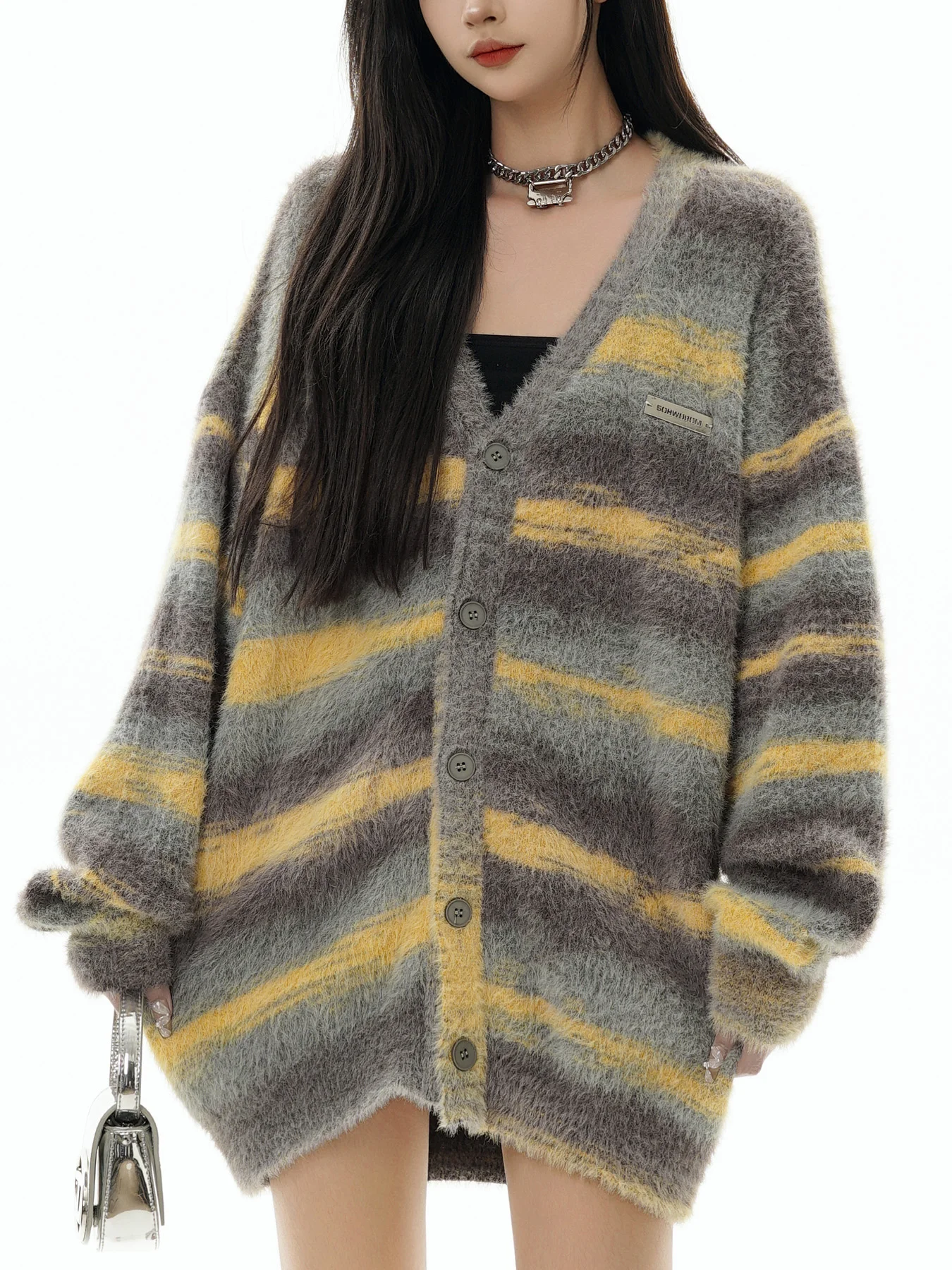 Pull à Col En V En Peluche Rayée Pour Homme - Style Décontracté - Harajuku - Boutons De Rue - Cardigan En Tricot, EN8, S