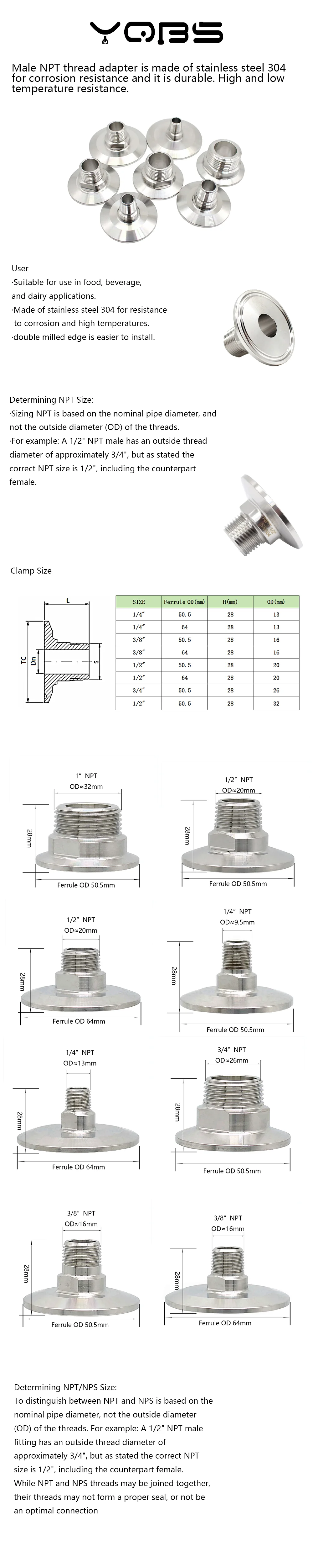 YQBS NPT Außengewinde auf Ferrule Tri Clamp Adapter Sanitärrohrverschraubung – Detail 1