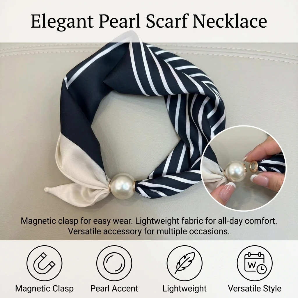Pearl Silk Scarves For Women Ties Magnetic Clasp French Retro Silk Feel Neck Bows Jewelry Elegant Adjustable Summer bech scarves - 6