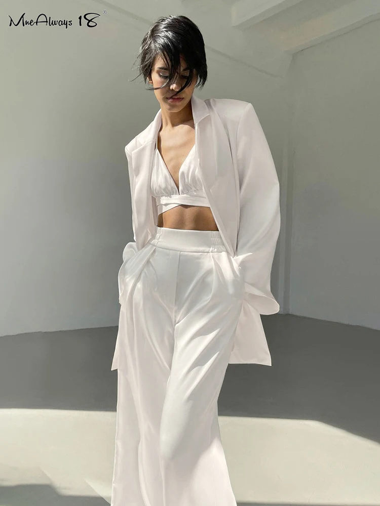 

Mnealways18 Fashion Women Satin Trousers Solid Pleated High Waist Trousers Female Autumn 2023 Wide Leg Pants Ladies Party Club