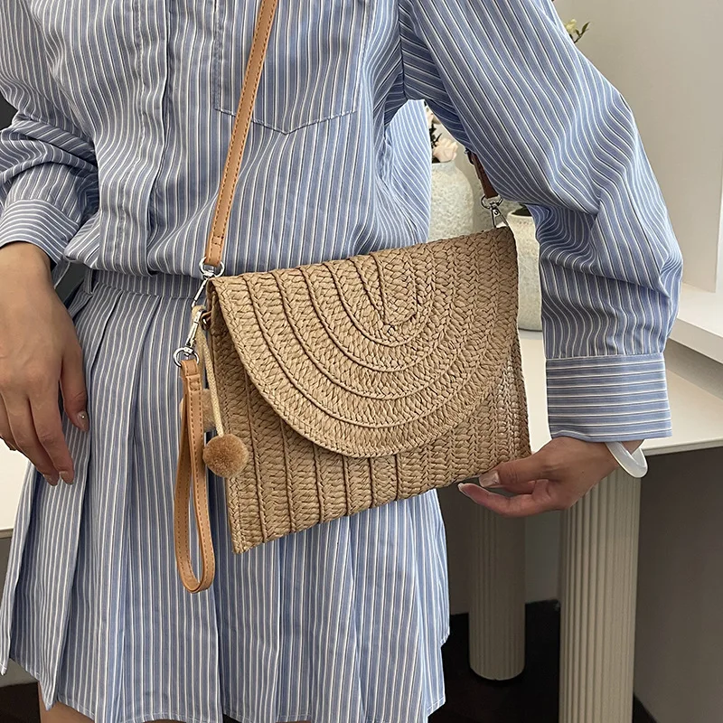 Summer Beach Straw Crossbody Bag with Cute Ball Pendant for Women Casual Wicker Shoulder Clutch Purse Travel Handbag Ladies