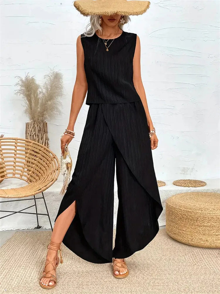Fashionable Set Relaxed Oversized Comfortable Set Sleeveless Crewneck T-Shirt S…