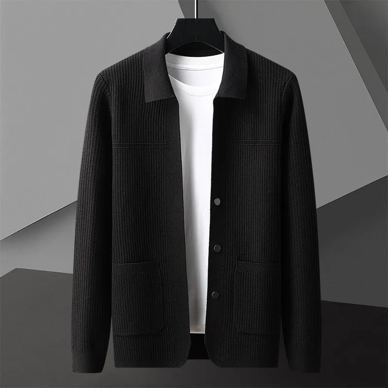 Luxury fashionable jacquard design knitted cardigan men's spring and autumn casual lapel pocket jacket sweater coat