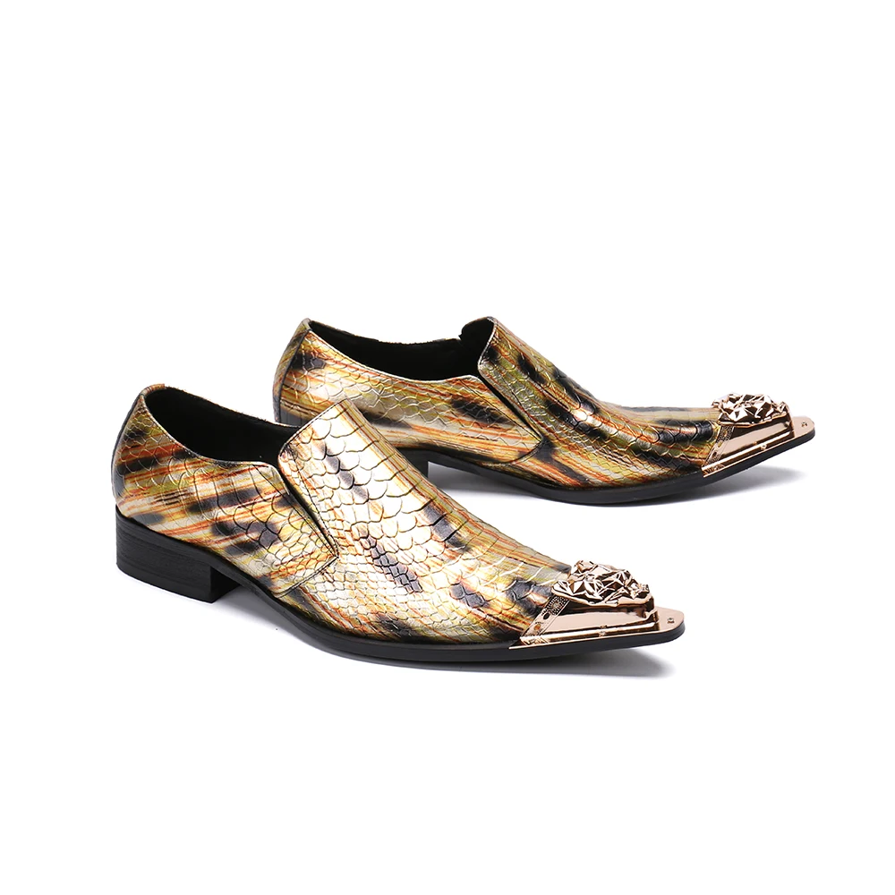 Luxury Gold Metal Pointed Toe Men Snakeskin Grain Real Leather Shoes Wedding Party Man Dress Oxford Shoes Business Formal