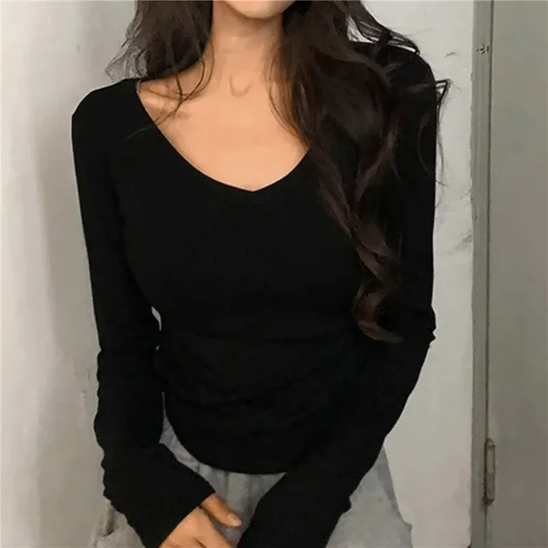2025 Women's Sexy V-Neck Solid Long Sleeve T-Shirt Spring Autumn Thin Elastic Tee Shirt Femme Tops