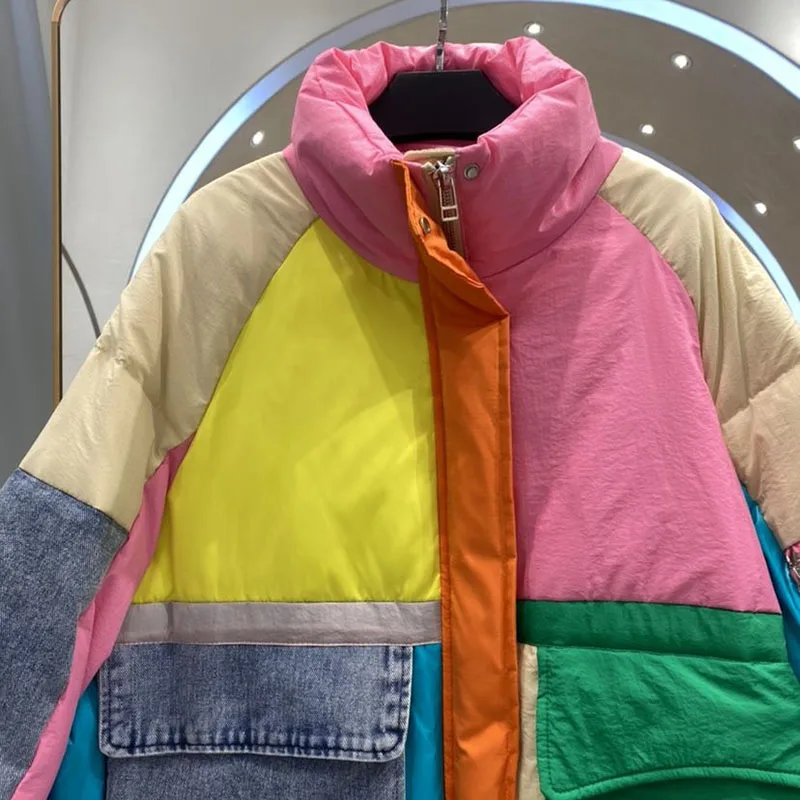 Loose Overcoat 2024 Winter New Color Contrast Splicing Standing Collar Down Jacket Fashion Long-Sleeved Women\'s Down Jacket Y219