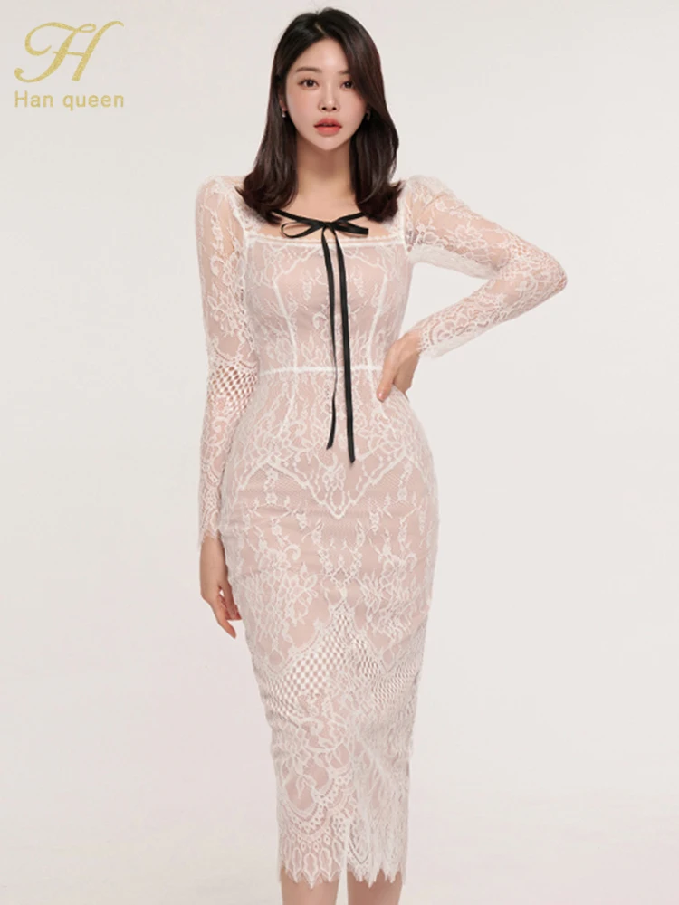 H Han Queen-فستان دانتيل أنيق بسيط للنساء ، على ال...