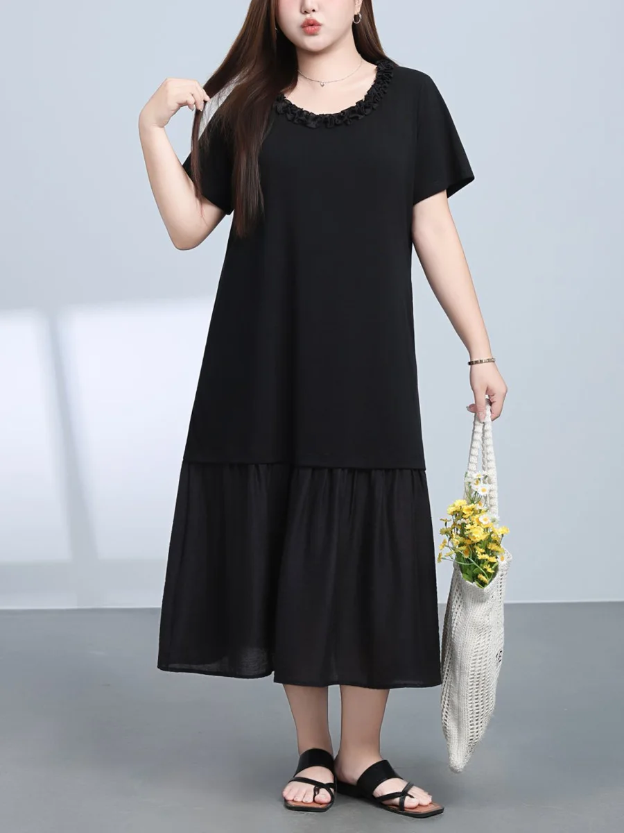 Plus Size Women Black Calf Length Dress With Premium Lyocell Hem Patchwork Cotton Loose Lace Round Neck For Summer