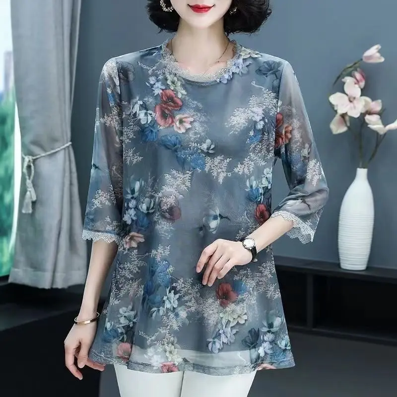 

Fashion Female Loose O-Neck Printed T-shirt Summer Women's Clothing Thin Casual 3/4 Sleeve Fake Two Pieces Gauze Spliced Tops