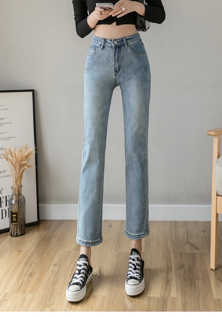 

New Cigarette Cropped Jeans Women High Waist White Straight Denim Pants Woman Spring Summer New Style