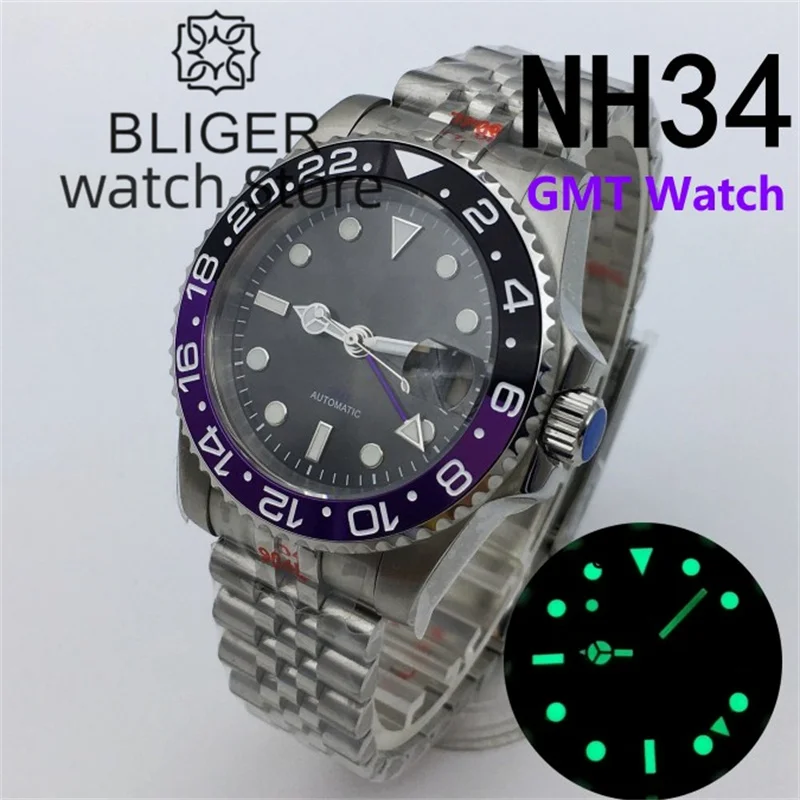 Bliger 40Mm Nh34 Gmt Orologio Da Polso Meccanico Da Uomo Quadrante Grigio Viola Gmt Mano Vetro Zaffiro Bracciale Jubilee Reloj Hombre