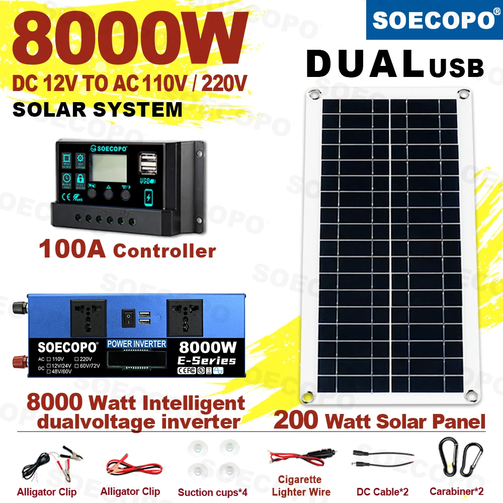 8000W Off-Grid Solar System Complete Kit Dual12V/24V To 110V/220V Inverter 100A Controller 200W Panel for Home/Camping Backup