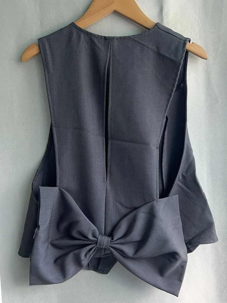 Fashion Simple Grey Bow Coat Vest for Women Y2k V-neck Single Breasted Tops Mujer 2026 Summer New Sleeveless Loose Jackets 5