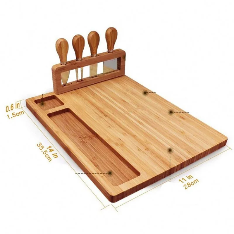 Large Bamboo Cheese Board With 4 Knives Chopping Board Set Kitchen Wooden Cutting Durable Serving Tray Natural Material