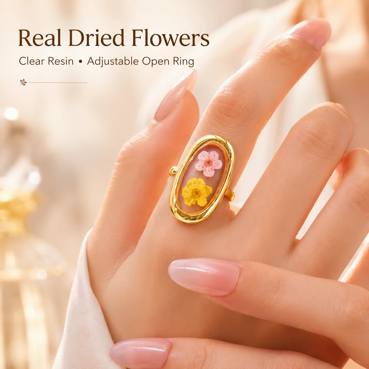 Anelli in Acciaio Inossidabile per Donne, Gioielli con Fiori Secchi in Resina, Anelli Floreali Vintage Geometrici Aperti Regolabili, Impermeabili - immagine 3