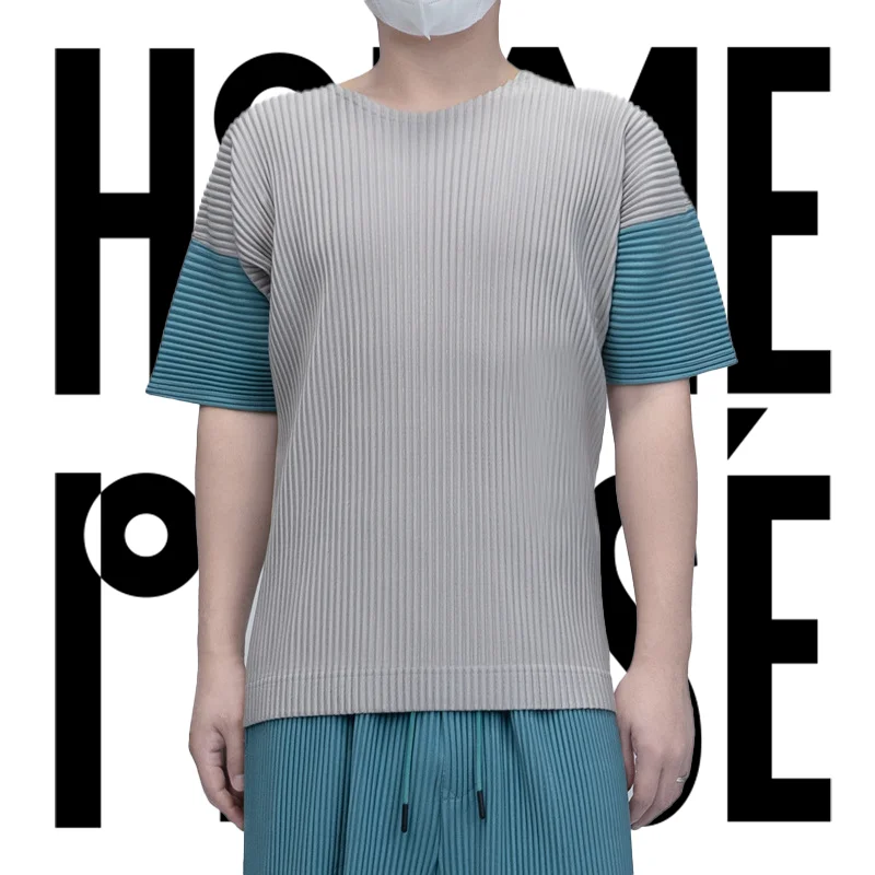 

Miyake Original Pleated Short-sleeved T-shirt Men's 2024 Summer Muscle Casual Loose Color Blocking Round Neck Tops Men Clothing