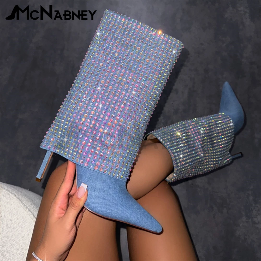 

Bling Bling Rhinestone Boots Loose Slip On Boots Pointed Toe Stiletto Elegant Shoes Denim Fashion Style Winter Shoes for Women