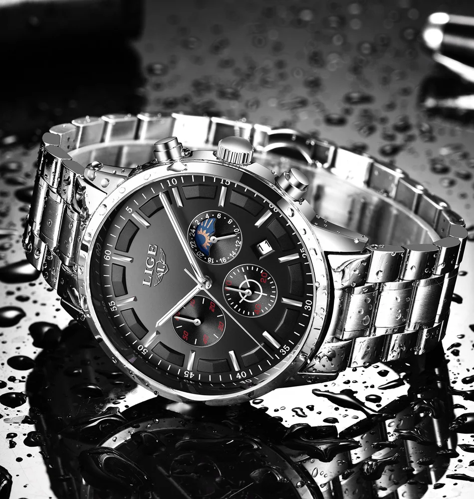 LIGE Men Watches Steel Wristwatch Sport Waterproof Chronograph Analog Quartz Watch Man Business Date Clock Luxury Watch for Men