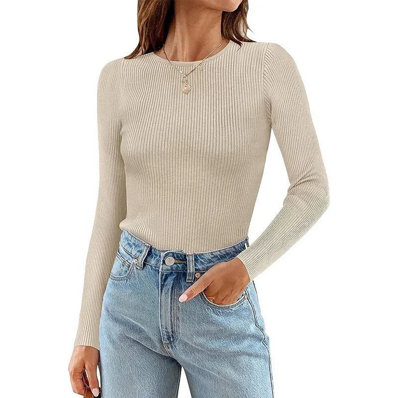 

Fashion Knitted Pit-stripe O Neck T-Shirt Women Solid Color Slim Stretch Tops Elegant Female Autumn Winter Office Commuter Tees