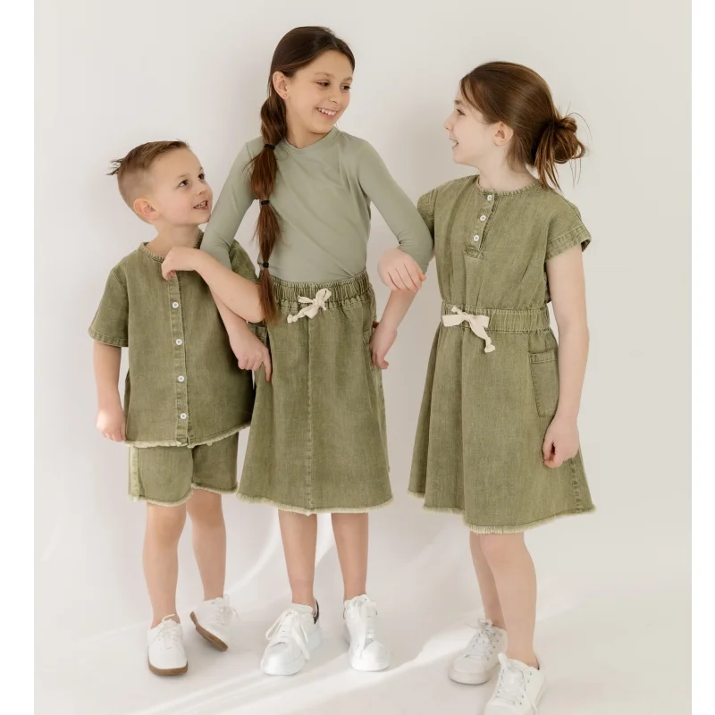 Pre-Order Washed Green Denim Fringe Collection: Kids' Fashion Cotton Apparel