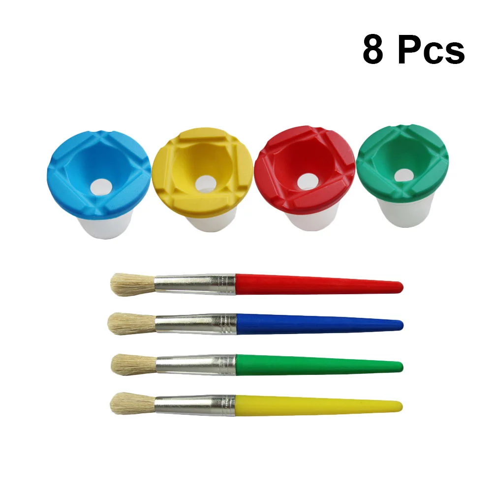 

1 Set/8 Pcs Pigment Color Cup Anti-falling Graffiti Tool Children's DIY Wash Cup Pen Washing Holder Paint Kit (Cup, Brush, 4