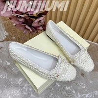 Luxury Brand String Bead Flat With Ballet Flats Shallow Pearl Almond Shaped Toes Zapatos Mujer Silk Butterfly Knot Woman Flats 1