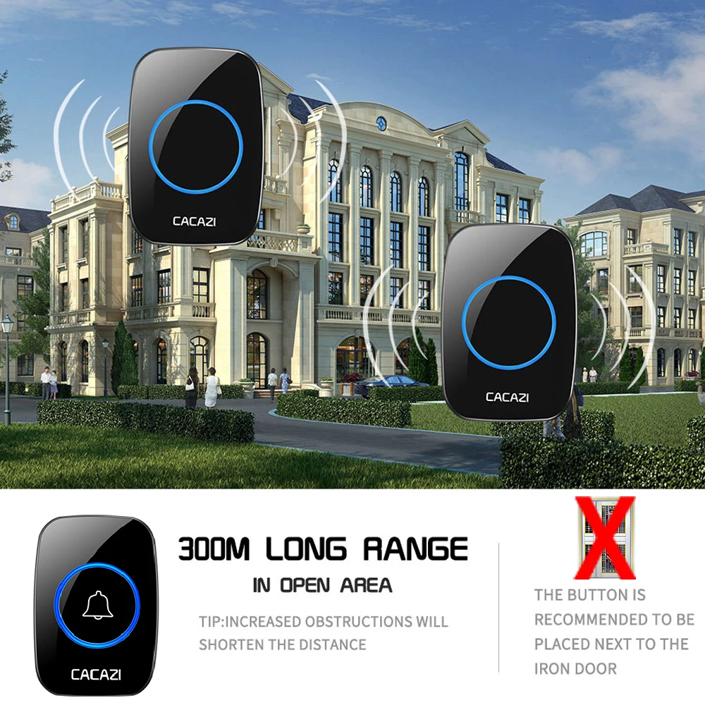 CACAZI Wireless Waterproof Doorbell 300M Range US EU UK Plug 3 Button 1 2 3  Receiver Home Smart Door Bell 60 chimes 0-110db