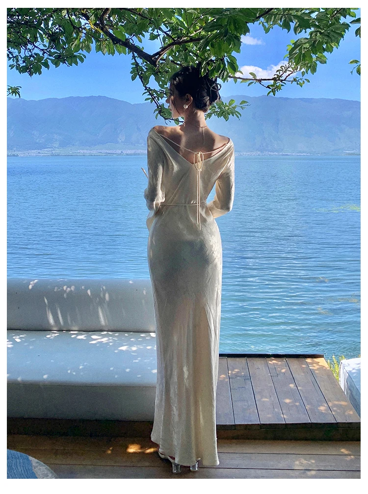 French Vintage Evening Dresses for Women Autumn Bodycon Wedding Prom Robe Flare Sleeve Swinging Collar Midi Vestidos Mujer New